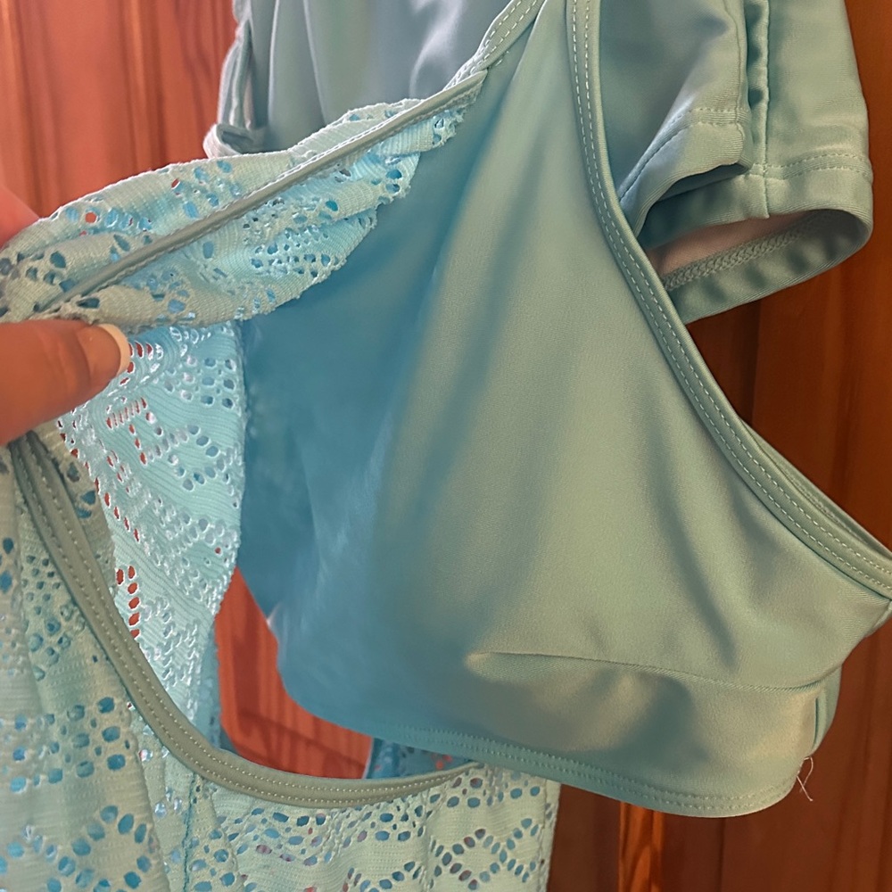 Blue Patterned bathing suit with built-in cover top and shorts - Picture 4 of 5
